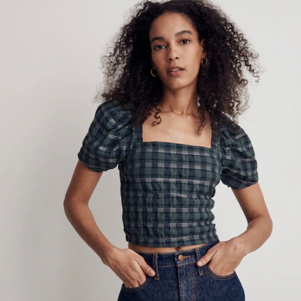 Madewell Hopewell Puff Sleeve Crop Top Green‎ Blue Plaid Women's Small